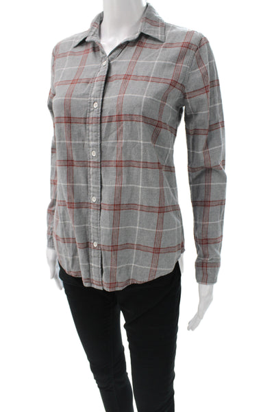 Faherty Women Basic Plaid Collared Button-Up Top Gray Long Sleeve Size XS