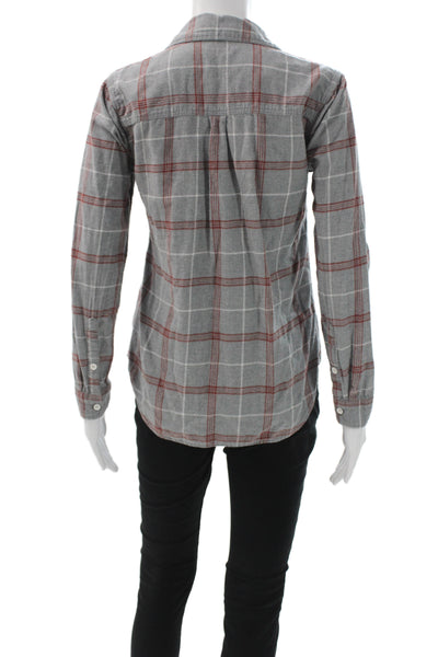 Faherty Women Basic Plaid Collared Button-Up Top Gray Long Sleeve Size XS