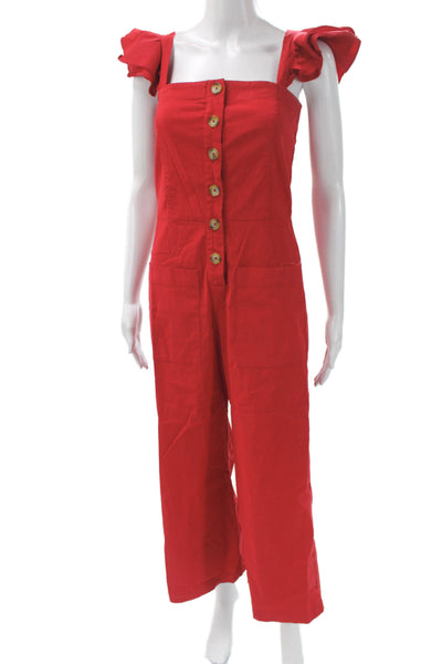 Sea Women Red Sleeveless Square Neck Button Linen Jumpsuit Size 2