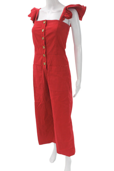 Sea Women Red Sleeveless Square Neck Button Linen Jumpsuit Size 2