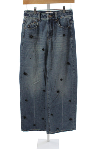 Fabrique Women Wide-Leg Jeans High Rise Blue Floral Button Size XS