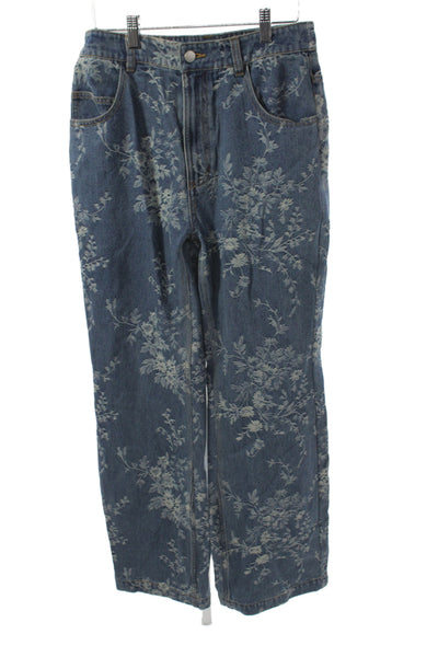Fabrique Women Straight Jeans Blue Floral High Rise Size S