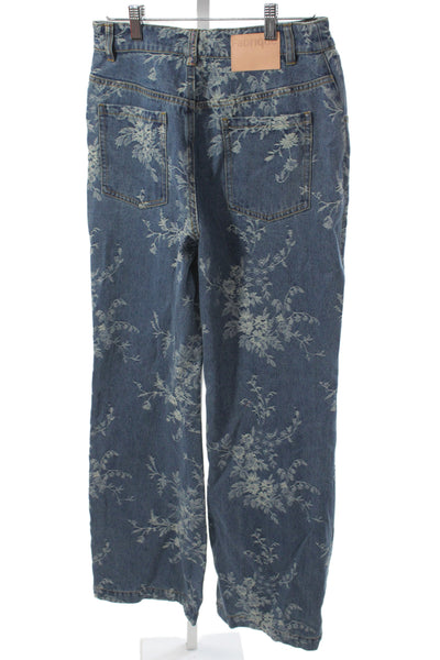 Fabrique Women Straight Jeans Blue Floral High Rise Size S