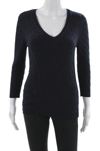 Lauren Ralph Lauren Women Pullover Sweater V-Neck 3/4 Sleeve Blue Silk Size XS
