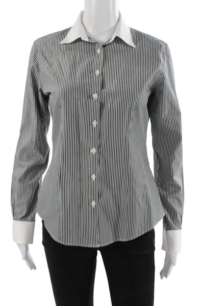 Brooks Brothers Women Striped Collared Cotton Button-Up Long Sleeve Gray Size 2