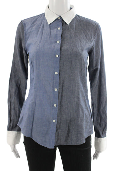 Brooks Brothers Women Blue Colorblock Cotton Button-Up Long Sleeve Size 4