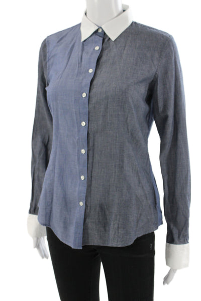 Brooks Brothers Women Blue Colorblock Cotton Button-Up Long Sleeve Size 4