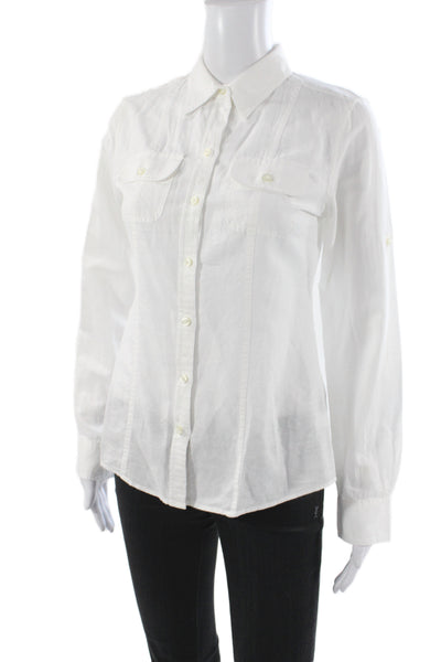 Banana Republic Women Collared Linen Button Up Blouse White Long Sleeve Size 2P