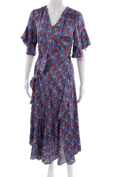 Alexis Women Wrap Dress Blue Floral V-Neck Short Sleeve Long Zip Size XS