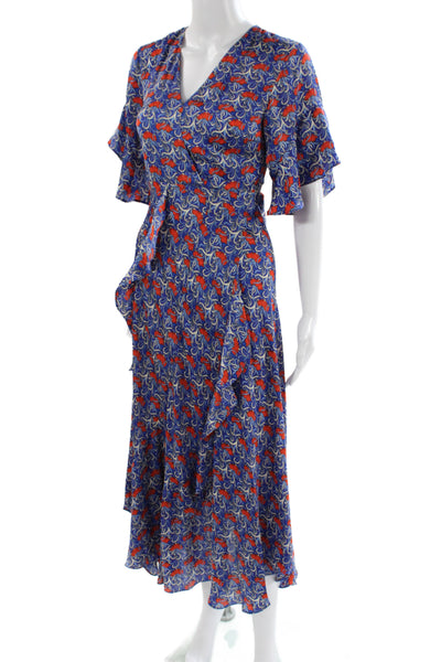Alexis Women Wrap Dress Blue Floral V-Neck Short Sleeve Long Zip Size XS