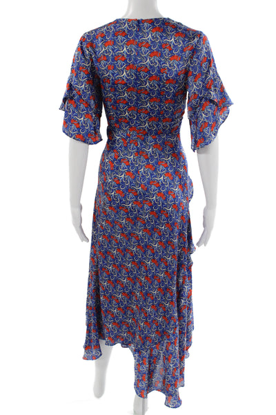 Alexis Women Wrap Dress Blue Floral V-Neck Short Sleeve Long Zip Size XS