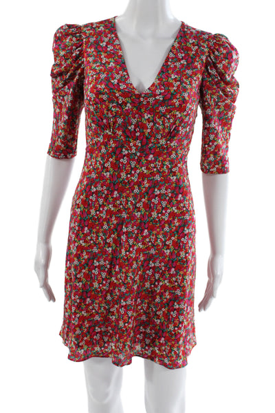 Saloni Womens Mini Dress Multicolor Silk V-Neck 3/4 Sleeve Zip Size 0