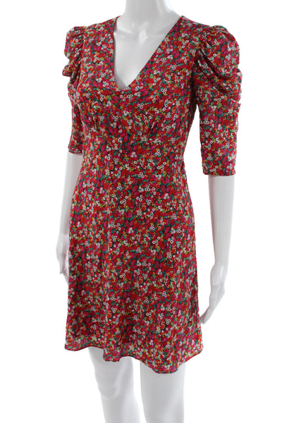 Saloni Womens Mini Dress Multicolor Silk V-Neck 3/4 Sleeve Zip Size 0