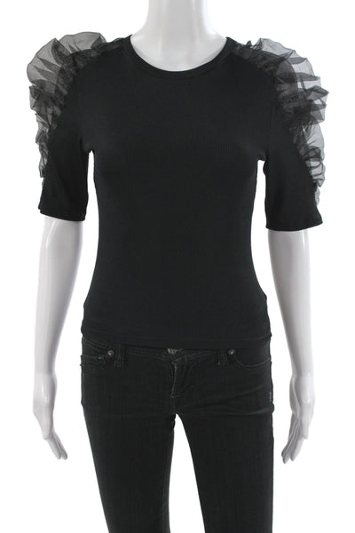 Zara Women Basic Ribbed Crewneck Short Sleeve T-Shirt Black Size S
