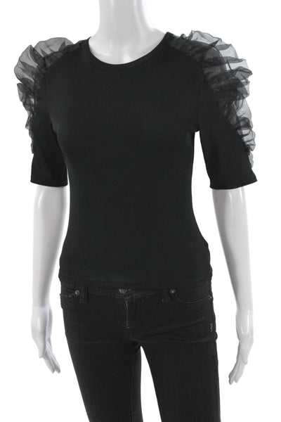 Zara Women Basic Ribbed Crewneck Short Sleeve T-Shirt Black Size S