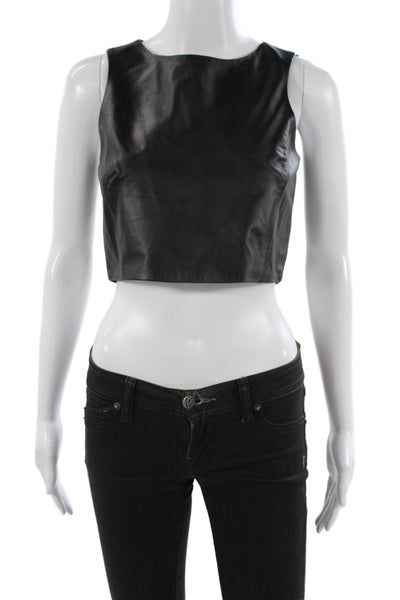 Tibi Women Cropped Leather Tank Black Round Neck Sleeveless Minimalist Size 2