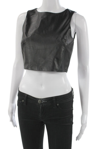 Tibi Women Cropped Leather Tank Black Round Neck Sleeveless Minimalist Size 2