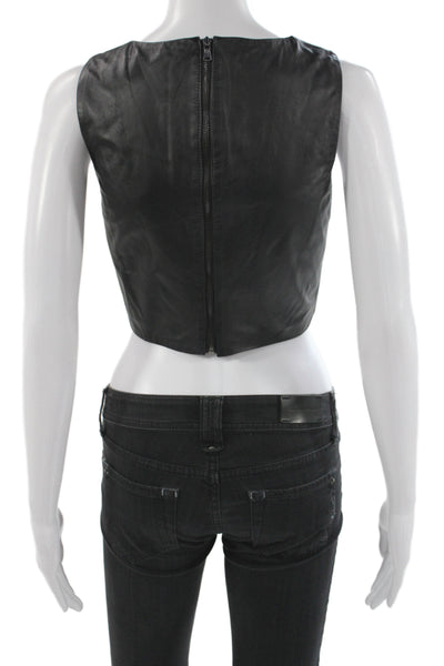 Tibi Women Cropped Leather Tank Black Round Neck Sleeveless Minimalist Size 2