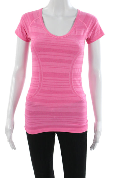 Lululemon Womens Basic Pink V-Neck Striped Nylon Short Sleeve T-Shirt Size S