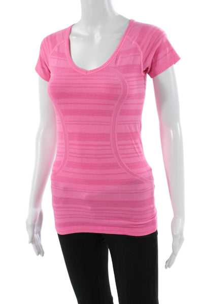 Lululemon Womens Basic Pink V-Neck Striped Nylon Short Sleeve T-Shirt Size S