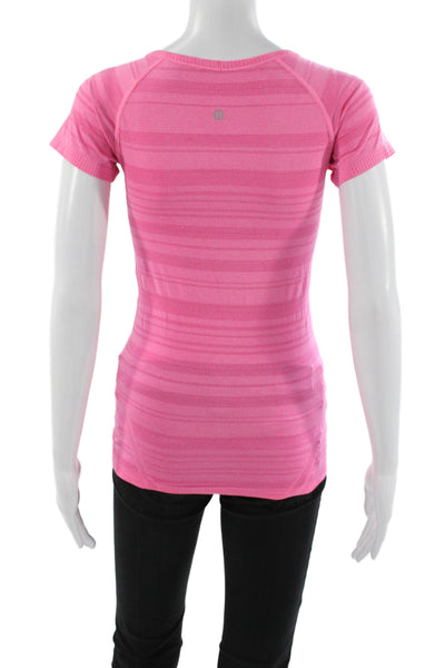 Lululemon Womens Basic Pink V-Neck Striped Nylon Short Sleeve T-Shirt Size S