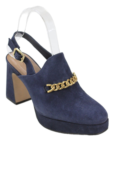 Bernardo Womens Suede Chain Link Slingbacks Pumps Navy Blue Size 7 Medium