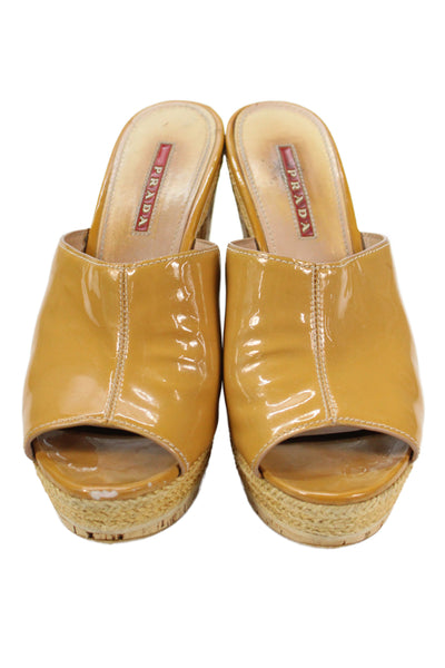 Prada Sport Womens Patent Leather Platform Mule Heels Beige Size 36 6