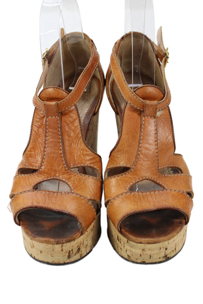 Chloe Womens Leather Cork Platform Wedge Sandals Brown Size 36 6