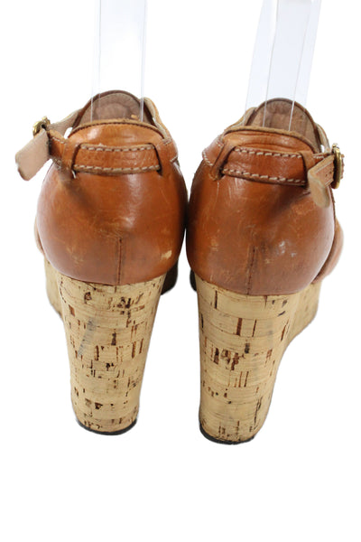 Chloe Womens Leather Cork Platform Wedge Sandals Brown Size 36 6