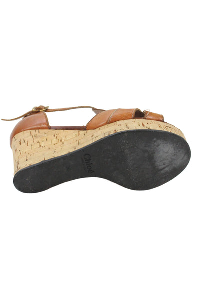 Chloe Womens Leather Cork Platform Wedge Sandals Brown Size 36 6