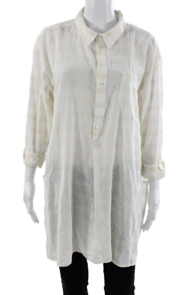 Billy Reid Womens Collared Check Button Up Tunic 3/4 Sleeve Beige Size M