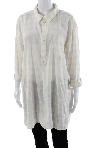 Billy Reid Womens Collared Check Button Up Tunic 3/4 Sleeve Beige Size M