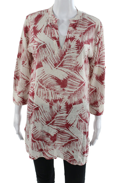 Majestic Filatures Women Red Floral V-Neck Linen Tunic 3/4 Sleeve Size 3