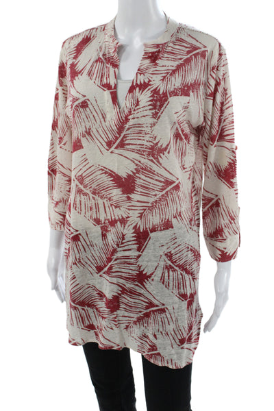 Majestic Filatures Women Red Floral V-Neck Linen Tunic 3/4 Sleeve Size 3