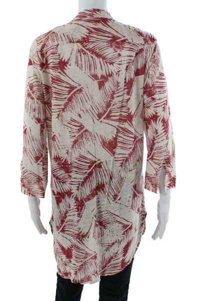 Majestic Filatures Women Red Floral V-Neck Linen Tunic 3/4 Sleeve Size 3