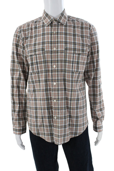 Boss Hugo Boss Mens Cotton Plaid Collar Long Sleeve Button Down Shirt Brown Sz L