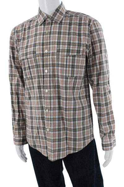 Boss Hugo Boss Mens Cotton Plaid Collar Long Sleeve Button Down Shirt Brown Sz L