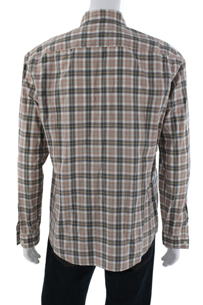 Boss Hugo Boss Mens Cotton Plaid Collar Long Sleeve Button Down Shirt Brown Sz L