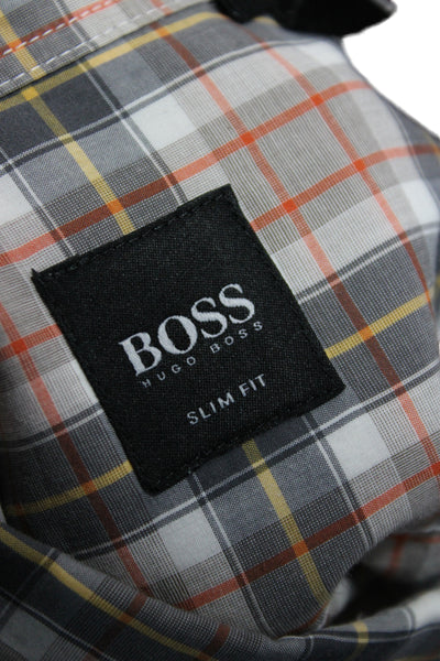 Boss Hugo Boss Mens Cotton Plaid Collar Long Sleeve Button Down Shirt Brown Sz L