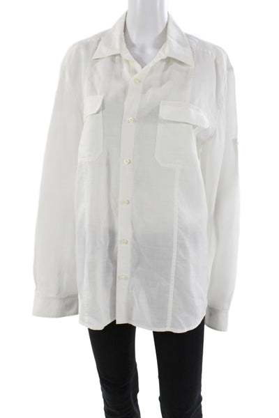 Elie Tahari Womens Basic White 100% Ramie Collared Button-Up Long Sleeve Size L