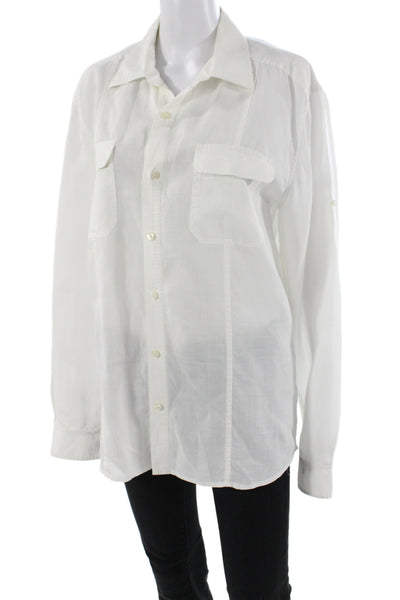 Elie Tahari Womens Basic White 100% Ramie Collared Button-Up Long Sleeve Size L