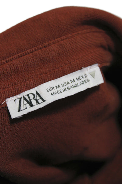 Zara Women Basic Brown Collared Button-Up Long Sleeve Blouse Size M