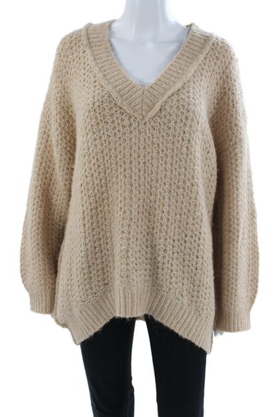 Zara Women Pullover Sweater V-Neck Knit Long Sleeve Beige Size M