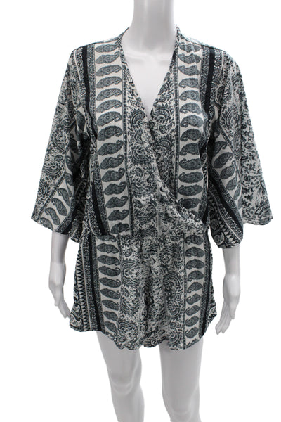 Elan Womens Romper Black Paisley V-Neck 3/4 Sleeve Mini Polyester Size M