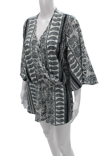 Elan Womens Romper Black Paisley V-Neck 3/4 Sleeve Mini Polyester Size M