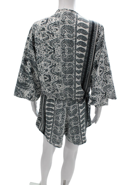 Elan Womens Romper Black Paisley V-Neck 3/4 Sleeve Mini Polyester Size M