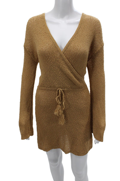 L Space Womens Sweater Dress Brown V-Neck Long Sleeve Acrylic Size M