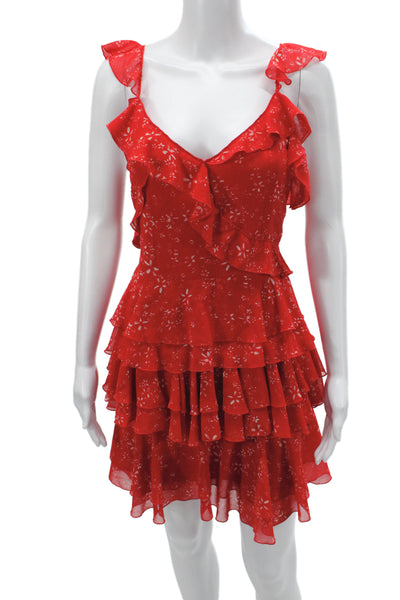 The Kooples Women Mini Dress Red V-Neck Sleeveless Floral Zip Size 2