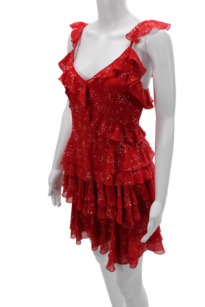 The Kooples Women Mini Dress Red V-Neck Sleeveless Floral Zip Size 2