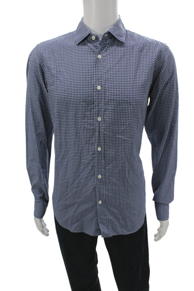 Hartford Mens Plaid Slim Fit Button Down Shirt Blue Cotton Size Large